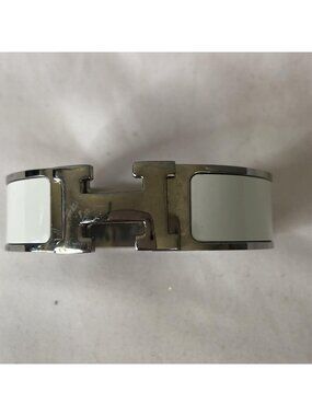 Hermes White Enamel H Bangle Bracelet Silver Tone Turnlock Hinged Box Jewelry